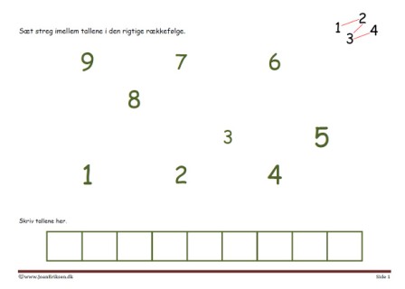 Sæt streg imellem tallene i den rigtige rækkefølge. Elevopgave til talrækken.