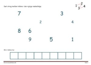 Sæt streg imellem tallene i den rigtige rækkefølge. Elevopgave til talrækken.