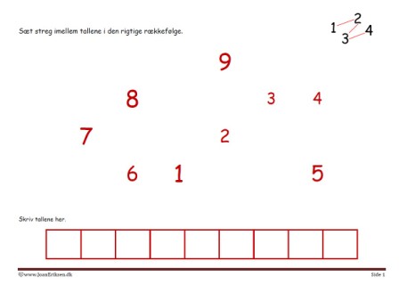 Sæt streg imellem tallene i den rigtige rækkefølge. Elevopgave til talrækken.