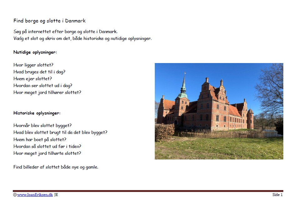 Find slotte og borge i Danmark, elevopgave til undervisning.