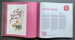 Bog med H C Andersens eventyr broderet af 124 brodøser.