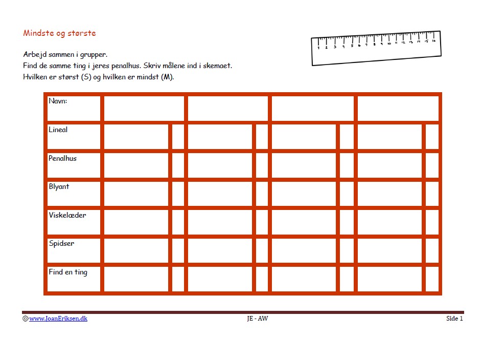 Elevopgave med måling til gruppearbejde. Hvad er mindst og størst.