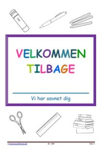 Forside til elevhæfte med opgaver til skolestart og 1. dag efter en ferie.